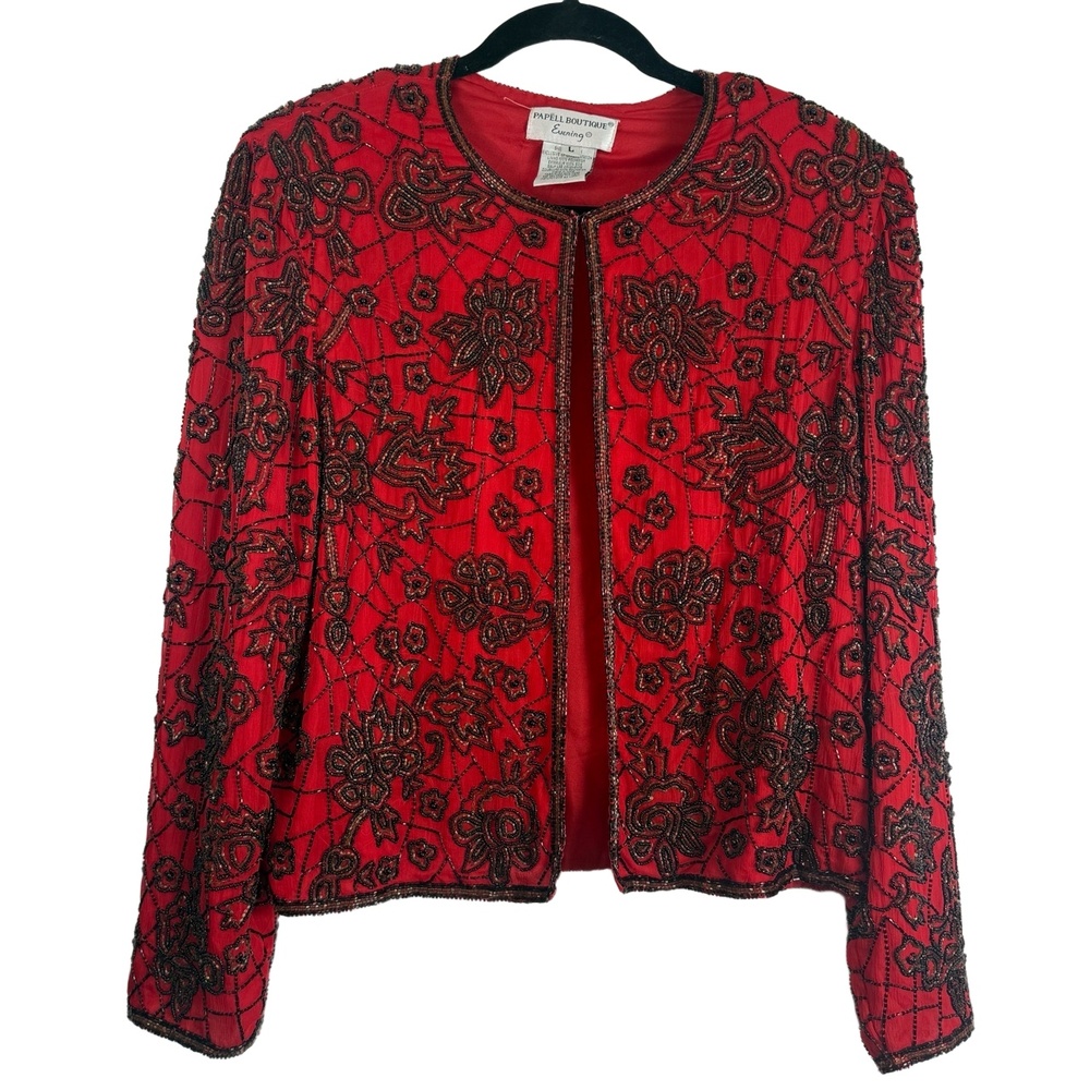 Papell Boutique Jacket L Large Red Silk Formal Beaded Floral Embroidery Vintage